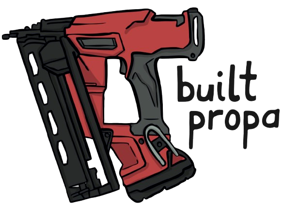 Graphic of a red and black nail gun with the text 'built propa' beside it.
